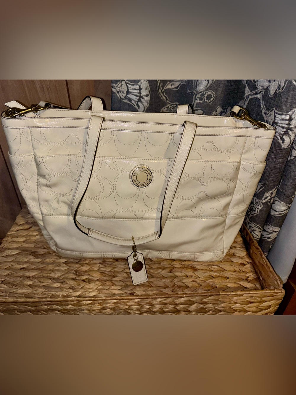 Large Coach White Patent Leather Logo Tote with Gold Medallion